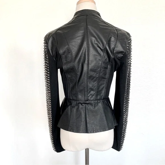 🌟 BEBE Black Genuine Leather Spiked Sleeves Peplum Moto Biker Jacket - Picture 7 of 16